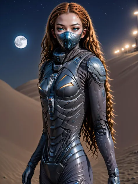 a woman in a futuristic suit and mask standing in the desert