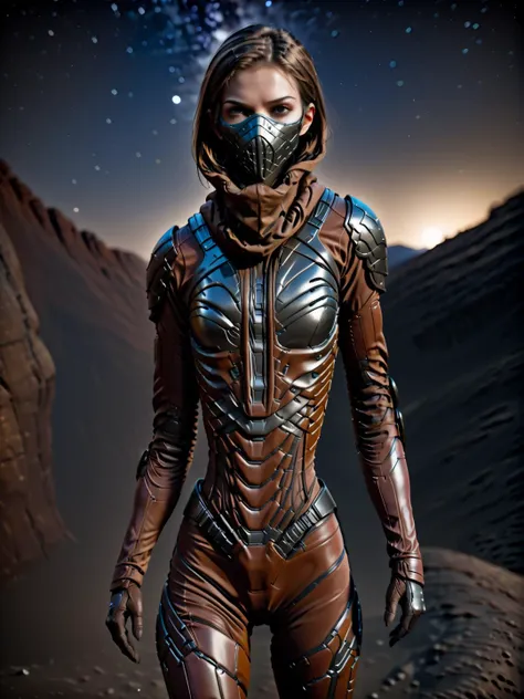 arafed woman in a futuristic suit standing on a rocky surface