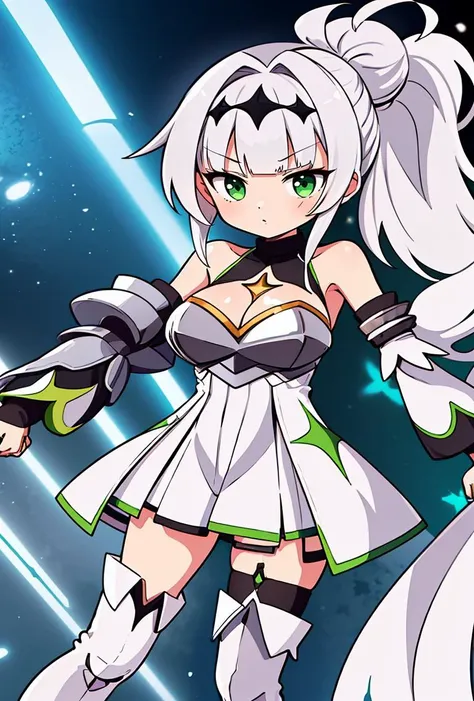 (masterpiece, best quality), 1girl,  <lora:kurowa_V01:0.8> 1girl, kurowa, green eyes, knight girl,  white hair, single hair bun, long hair, ponytail, hair intakes, hair band with black, black crown, chest armor, thigh boots, white footwear, thighhighs, boo...