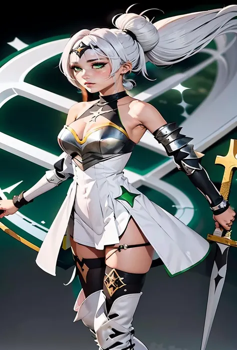 (masterpiece, best quality), 1girl,  <lora:kurowa_V01:0.8> 1girl, kurowa, green eyes, knight girl,  white hair, single hair bun, long hair, ponytail, hair intakes, hair band with black, black crown, chest armor, thigh boots, white footwear, thighhighs, boo...