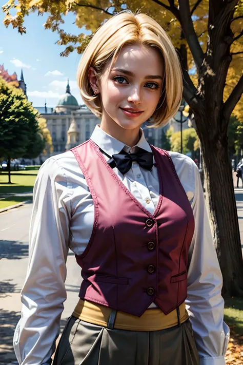 kingms, blonde hair, bow, fingerless gloves, pants, shirt,vest, suspenders, looking at viewer, serious, smiling, close up shot,  
outside, park, trees, change season, summer to fall, sunny, 
extreme detail, hdr, beautiful quality, analog, <lora:more_detail...