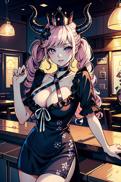 dimly lit, glow, lights, shinigami chan, adult, perfect face, makeup, pink lips, glossy lips, tight dress, cleavage, medium breasts, naughty smile, horns, crown, standing, crowded bar, cowboy shot, open hand,
<lora:Shinigami_Chan_v2_LoRA:0.75>
(((masterpie...