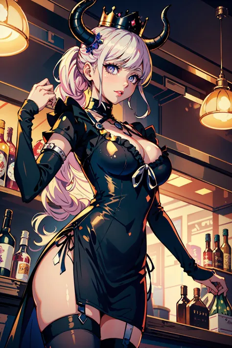 dimly lit, glow, lights, shinigami chan, adult, perfect face, makeup, pink lips, glossy lips, tight dress, cleavage, medium breasts, naughty smile, horns, crown, standing, crowded bar, cowboy shot,
<lora:Shinigami_Chan_v2_LoRA:0.7>
(((masterpiece),(extreme...