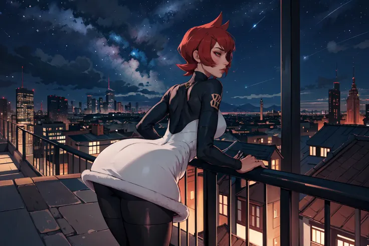 (masterpiece,best quality,absurdres,beautiful,aesthetic,detailed),standing,bent over,elbow rest,railing,outside,night sky,rooftop,cityscape,1girl,big booty,pkmnmars, black and white dress, long sleeves, black pantyhose,  <lora:pkmnmars-nvwls-v1:1>