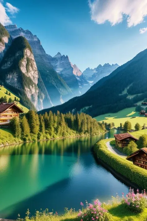 swiss  landscape, (masterpiece), (portrait), (raw photo), (extremely detailed cg unity 8k wallpaper) intricate, sharp focus, dra...