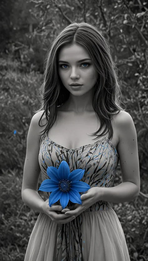 arafed woman in a dress holding a blue flower in her hands