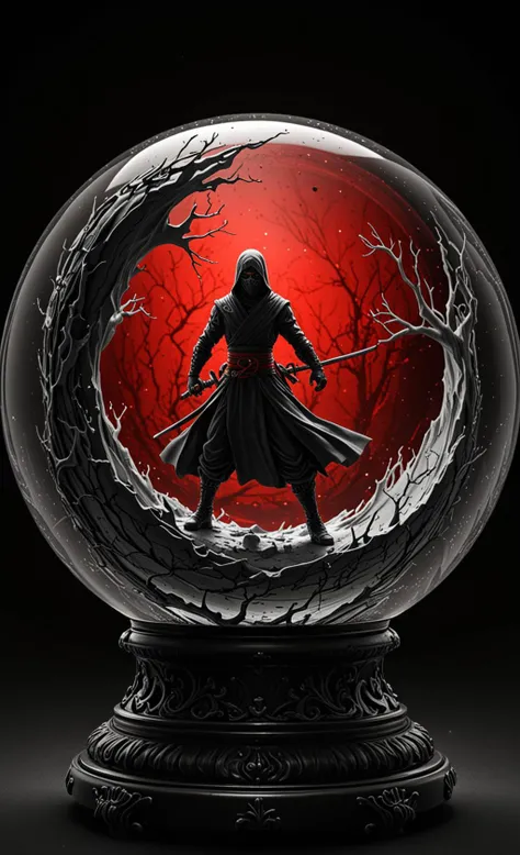 a black and red photo of a person in a snow globe