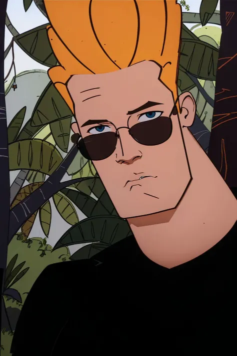 professional photo of johnny bravo, 1boy, sunglasses, black shirt, detailed skin, detailed eyes, bouncer, photo made with Canon EOS in naturalistic style photography, forest background, popular on artstation, popular on deviantart, popular on flicker  <lor...