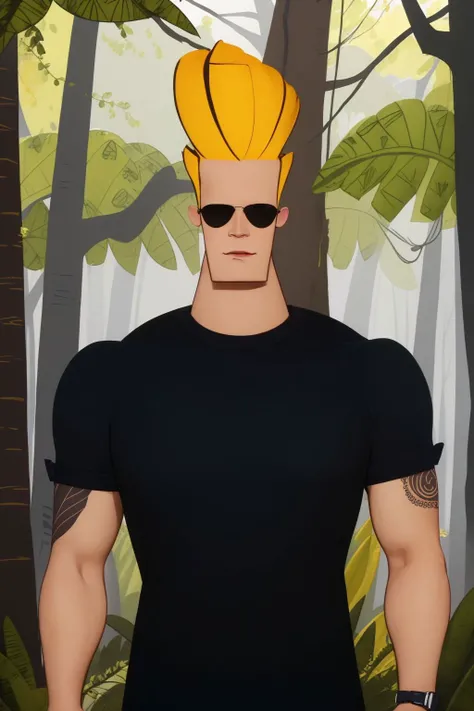 professional photo of johnny bravo, 1boy, sunglasses, black shirt, detailed skin, detailed eyes, bouncer, photo made with Canon EOS in naturalistic style photography, forest background, popular on artstation, popular on deviantart, popular on flicker  <lor...