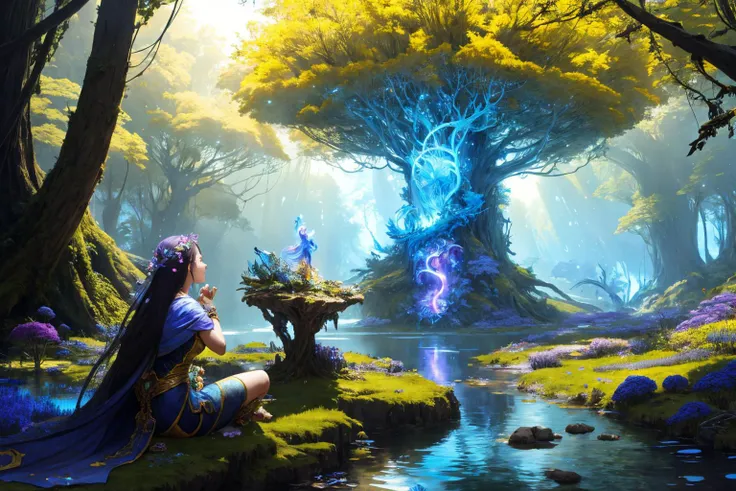 <lora:S1-Ori-ArtStyle_DreamLike-000012:1>,by Pino Daeni, by Ruan Jia, by Alayna Lemmer, by Carlo Galli Bibiena, [spirit tree], yellow green and light magenta sky, starry, forest with blue ocean and glowing plant, (Ori and the Blind Forest), (Ori and the Wi...