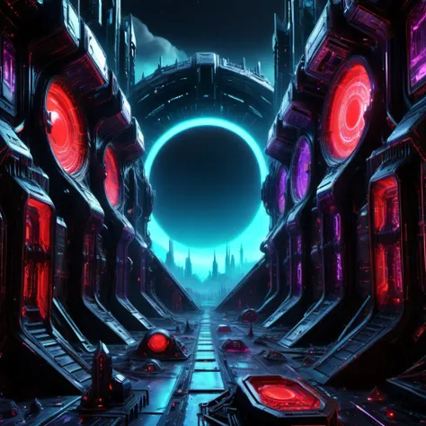 a futuristic sci - fio city with a giant black hole in the middle