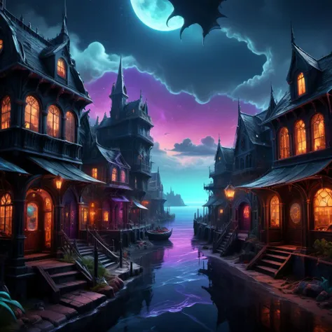 a picture taken from a video game of a fantasy town at night