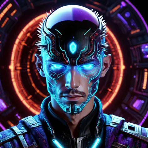 a close up of a man with a futuristic face and glowing eyes