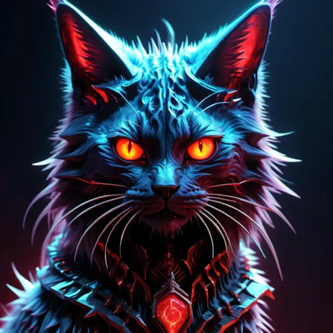 a close up of a cat with glowing eyes and a collar