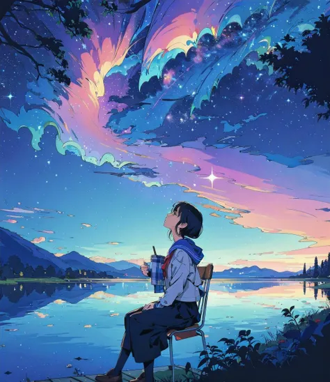 a girl sitting on a bench looking at the sky with stars