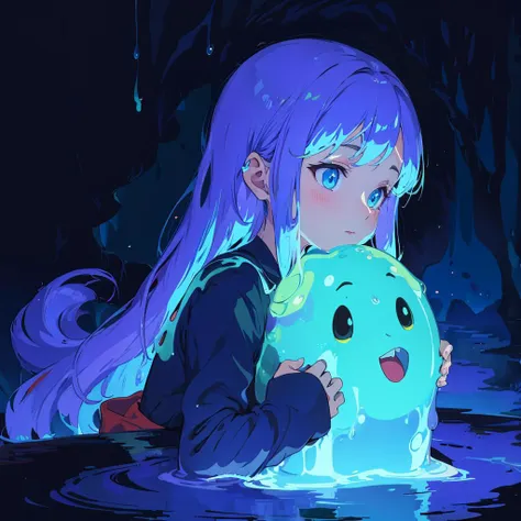 a woman with long purple hair holding a glowing object in the water