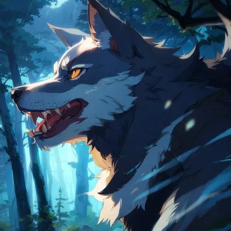 anime wolf with yellow eyes in the woods with trees