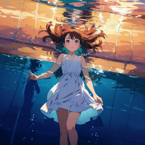 a woman in a white dress standing under water