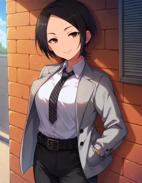 anime girl in a suit and tie leaning against a brick wall