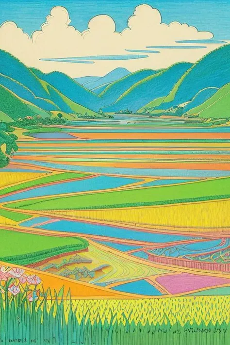 Drawing rice fields in terrasses in the philippines. Line drawing, clean clear lines, coloring book style, bright colors, intricate details, elegant, discreete, serene, magical, peaceful, fine detail, pastel pencils, winsor McCay style.
 Popart-1cs