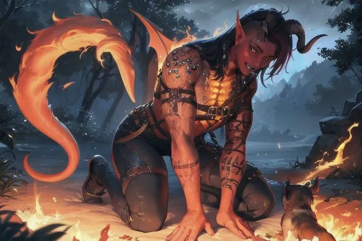 a woman with a demon face and a demon tail on her chest kneeling in front of a fire