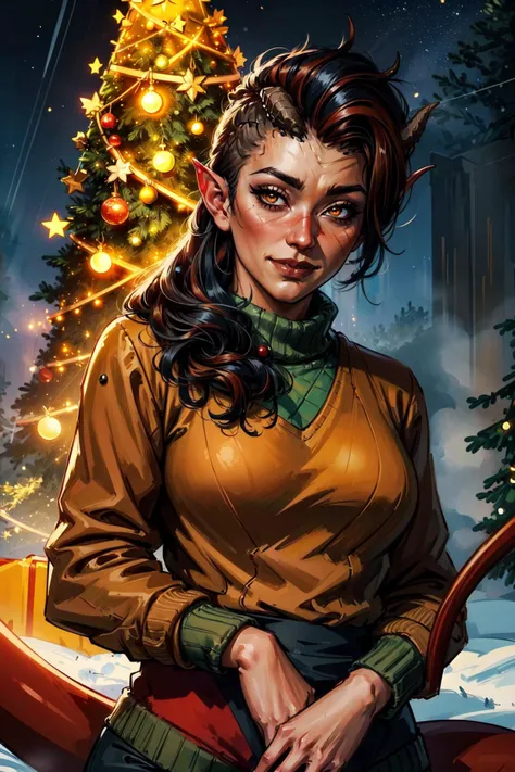 a woman in a yellow shirt and green pants standing next to a christmas tree