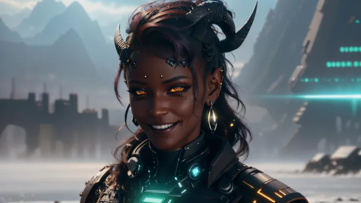 a woman in a futuristic outfit with horns and glowing eyes