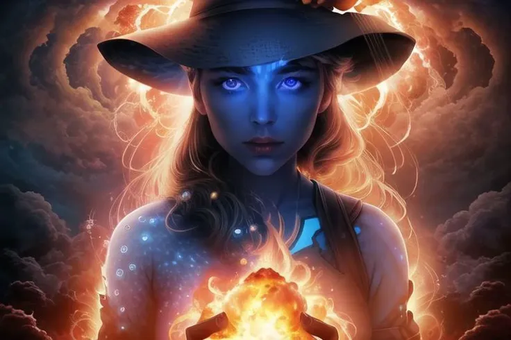 a woman in a hat holding a glowing ball of fire