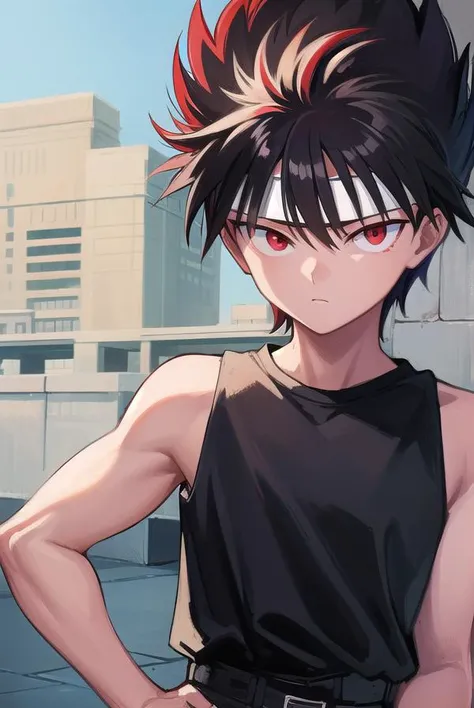 hiei, <lora:hiei-lora-nochekaiser:1>,
hiei, black hair, spiked hair, (red eyes:1.5), headband,
BREAK belt, tank top, pants, black pants, black top,
BREAK outdoors,
BREAK looking at viewer, (cowboy shot:1.5),
BREAK <lyco:GoodHands-beta2:1>, (masterpiece:1.2...