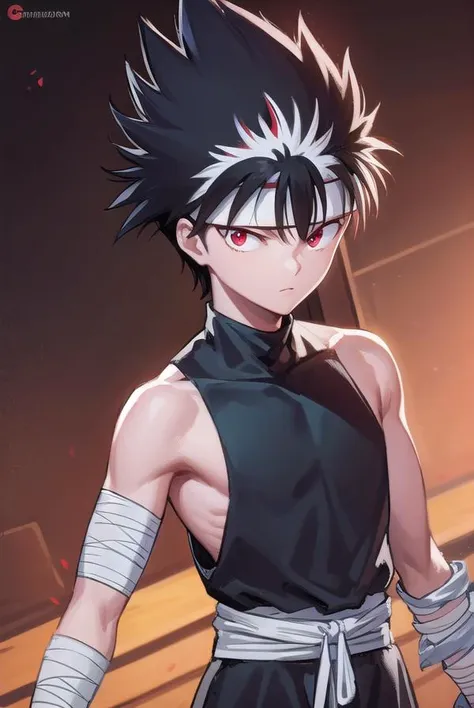 hiei, <lora:hiei-lora-nochekaiser:1>,
hiei, black hair, spiked hair, (red eyes:1.5), headband, 
BREAK belt, pants, black pants, (bandaged arm:1.5), topless, tattoo, dragon tattoo, arm tattoo,
BREAK outdoors,
BREAK looking at viewer, (cowboy shot:1.5),
BREA...