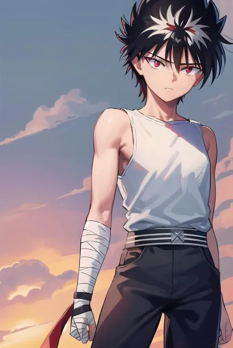 hiei, <lora:hiei-lora-nochekaiser:1>,
hiei, black hair, spiked hair, (red eyes:1.5), headband,
BREAK belt, tank top, pants, black pants, black top, (bandaged arm:1.5),
BREAK outdoors,
BREAK looking at viewer, (cowboy shot:1.5),
BREAK <lyco:GoodHands-beta2:...