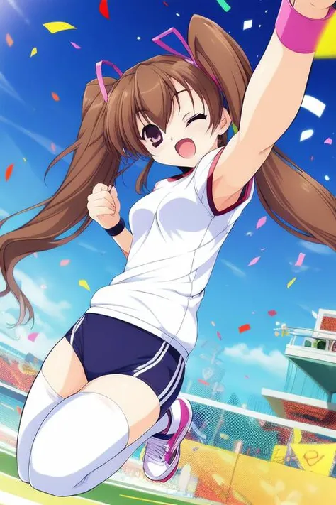 <lora:aizawa_tomomi:1>, aizawatomomi, 1girl, solo, thighhighs, buruma, twintails, gym uniform, one eye closed, blue buruma, brown hair, long hair, jumping, wristband, confetti,
masterpiece, high quality, very_high_resolution, large_filesize, full color,