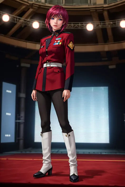 a woman in uniform standing on a red carpet in a room