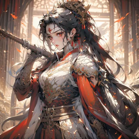 masterpiece, best quality,Chinese style, (chinese female general), holding polearm,  fighting, ancient background, 1girl, red, black hair,(1girl in red_and_golden_armor), warrior, ponytail, expressionless, red eyes, <lora:CnArmorMix:0.6> <lora:Chinese_gene...