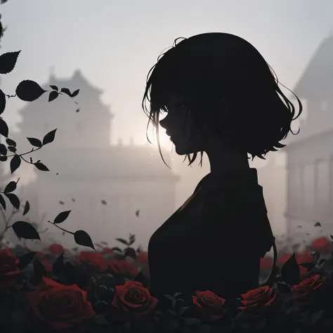 1girl, (silhouette:1.3), blackwork, morbid, macabre, leaf, roses, skulls, abstract, ambient lighting, (blurry background, blurry foreground, depth of field:1.3), swirling mist, rainbow mist, traditional texture, dripping