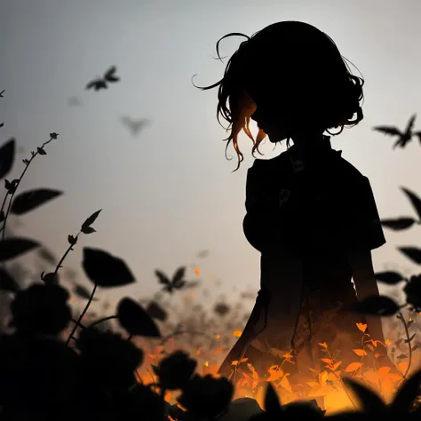 silhouette of a girl standing in a field of flowers with a bird flying overhead