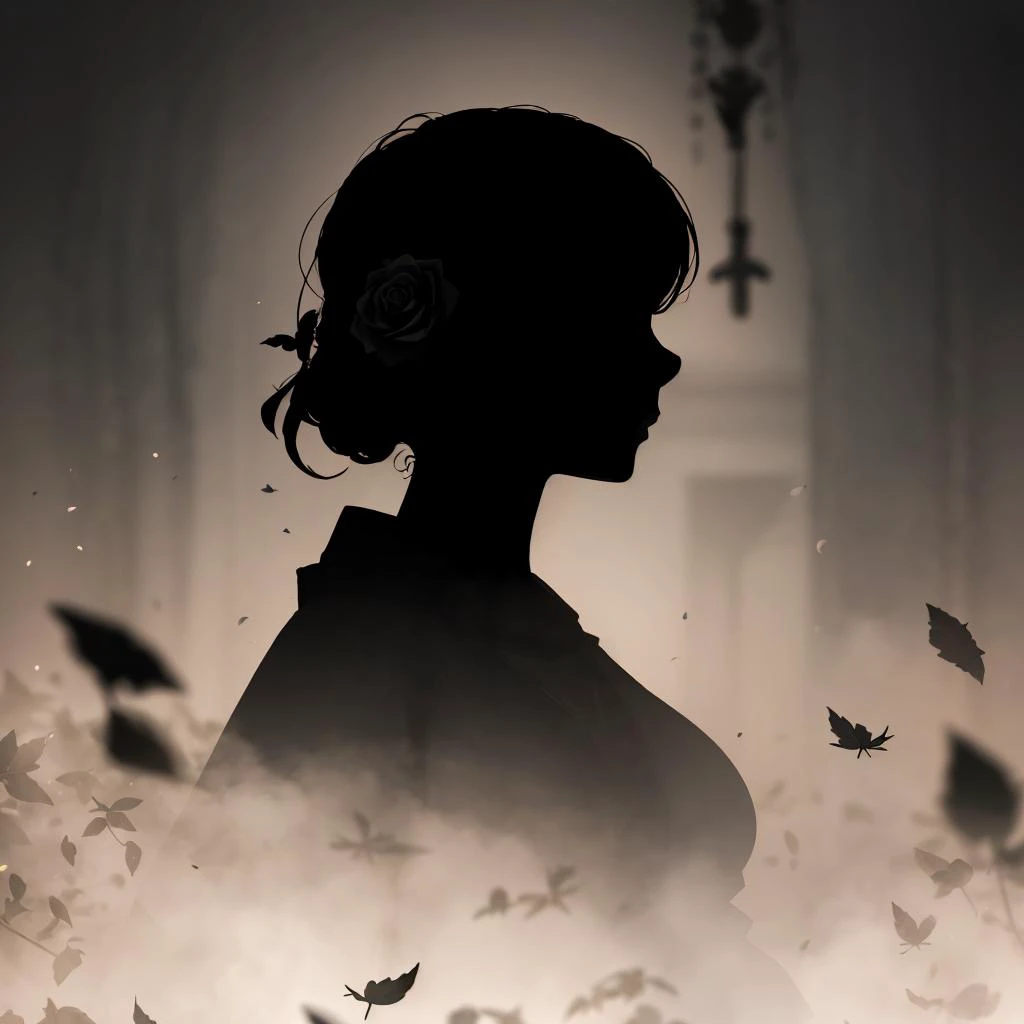 1girl, (silhouette:1.3), blackwork, morbid, macabre, leaf, roses, skulls, abstract, ambient lighting, (blurry background, blurry foreground, depth of field:1.3), swirling mist, rainbow mist, traditional texture, dripping