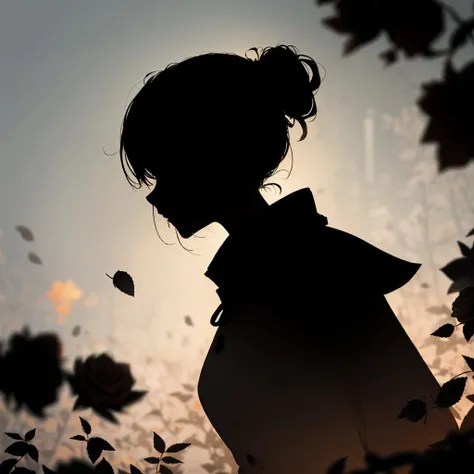 1girl, (silhouette:1.3), blackwork, morbid, macabre, leaf, roses, skulls, abstract, ambient lighting, (blurry background, blurry foreground, depth of field:1.3), swirling mist, rainbow mist, traditional texture, dripping