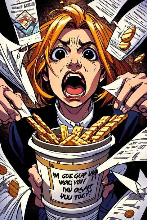 a woman with a bucket of fries in her hands