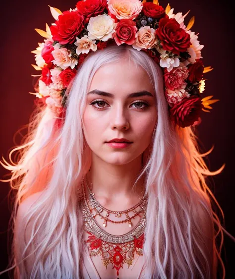 raw photo, a close up portrait photo of
beautiful young woman with white hair with red flower crown, + black paper with intricat...