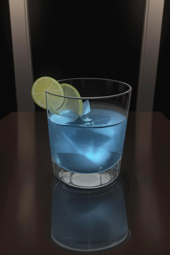 a close up of a glass of blue liquid with a lime slice