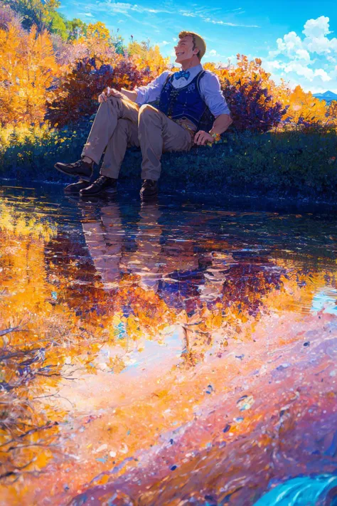 a painting of a man sitting on a bench in a river