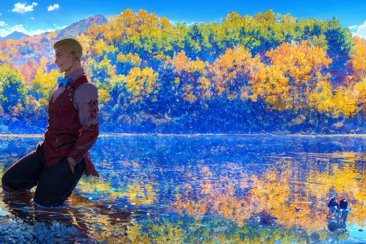 painting of a woman sitting on a rock in a lake