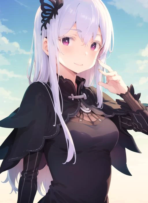 a woman with long white hair and a black top is standing in the sand