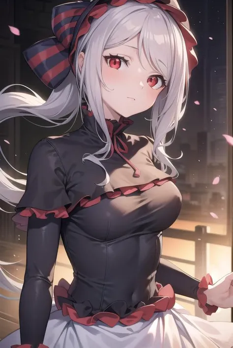 shalltear, <lyco:shalltear-lyco-nochekaiser:1>, 
shalltear, grey hair, long hair, (red eyes:1.5), silver hair, ponytail,
BREAK black dress, bonnet, bow, dress, frilled dress, frills, large bow, long sleeves, vampire,
BREAK looking at viewer, 
BREAK indoors...