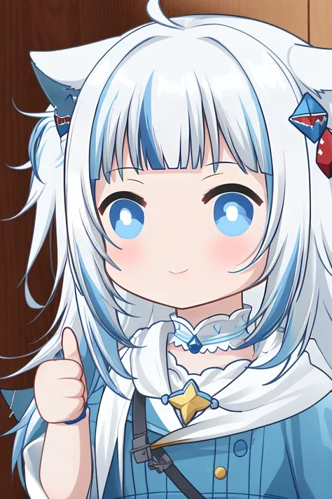 anime girl with white hair and blue eyes giving a thumbs up