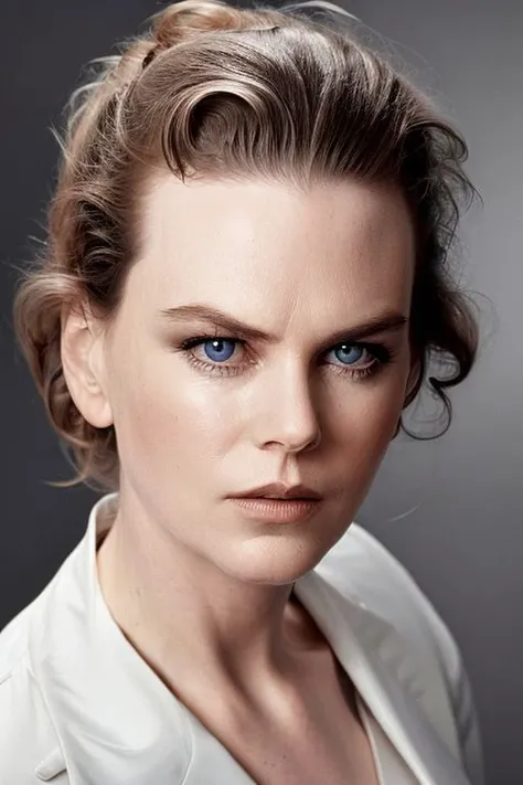 portrait of skswoman, grey background, (tilted angle shot:1.0), (tilted head pose:1.0),  slick hair,
 <lora:Nicole Kidman:1>