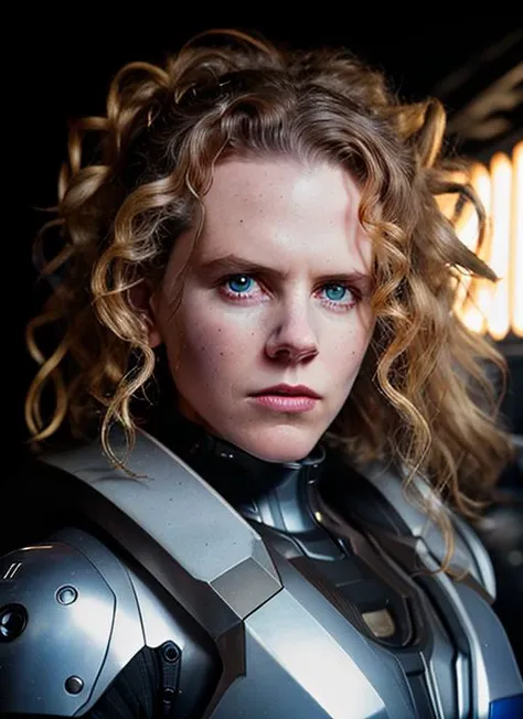 medium shot portrait of skswoman, messy hair, science fiction, armor, cyberpunk, epic (photo, studio lighting, hard light, sony a7, 50 mm, matte skin, pores, colors, hyperdetailed, hyperrealistic), <lyco:Nicole Kidman:1.1> <lora:space_knights_2:0.5>