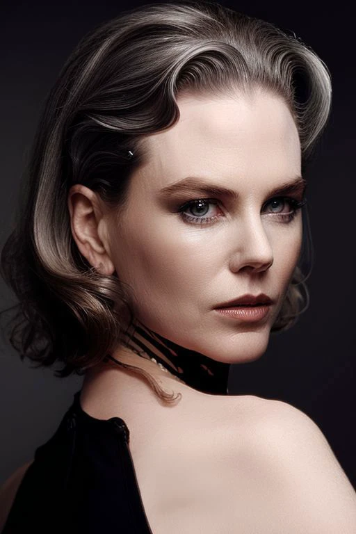 portrait of skswoman, grey background, ( slick hair:1.1),
 <lora:Nicole Kidman:1>