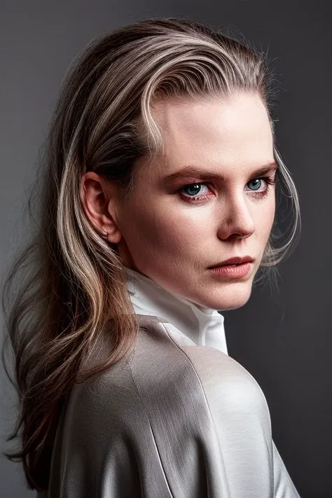 portrait of young skswoman, grey background, ( slick hair:1.1),
 <lora:Nicole Kidman:1>